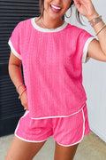 Bright pink textured color block trim loose tee and drawstring shorts two-piece set by Dear-Lover, casual and comfortable summer outfit.