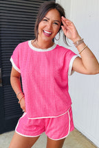 Bright pink textured color block trim loose tee and drawstring shorts two-piece set by Dear-Lover, casual summer outfit.