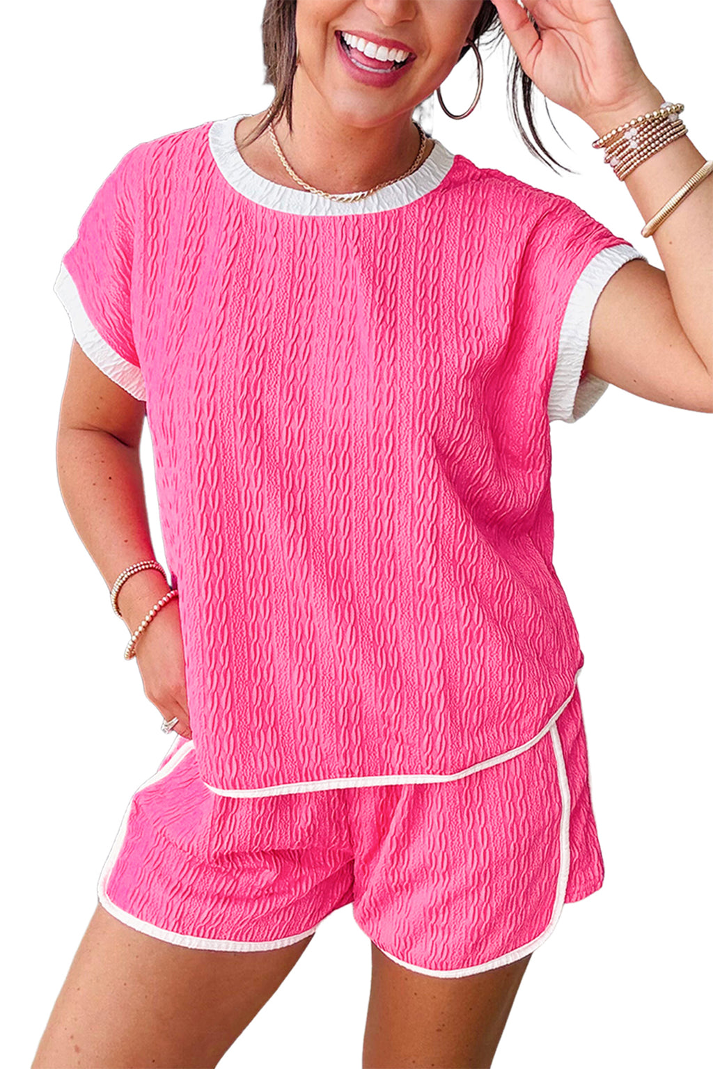 Bright pink textured color block trim loose tee and drawstring shorts two-piece set from Dear-Lover, polyester and elastane fabric.