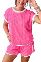 Bright pink textured color block trim loose tee and drawstring shorts two-piece set from Dear-Lover, polyester and elastane fabric.