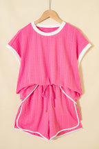 Bright pink textured color block trim loose tee and drawstring shorts two-piece set from Dear-Lover for casual wear.