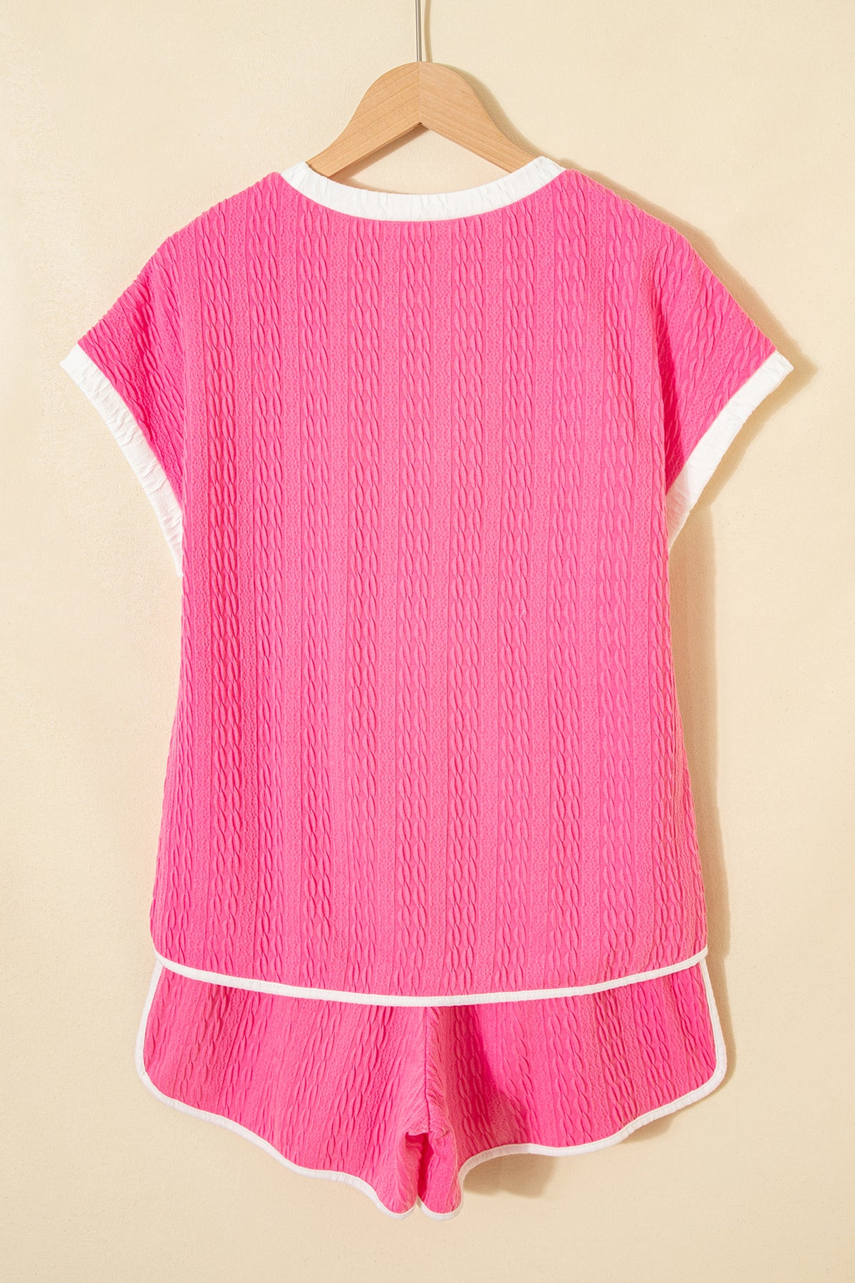 Bright pink textured color block trim loose tee and drawstring shorts set by Dear-Lover, casual two-piece short set for women.