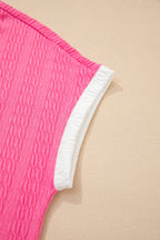 Bright pink textured color block trim loose tee and drawstring shorts 2-piece set by Dear-Lover Dropshipping.