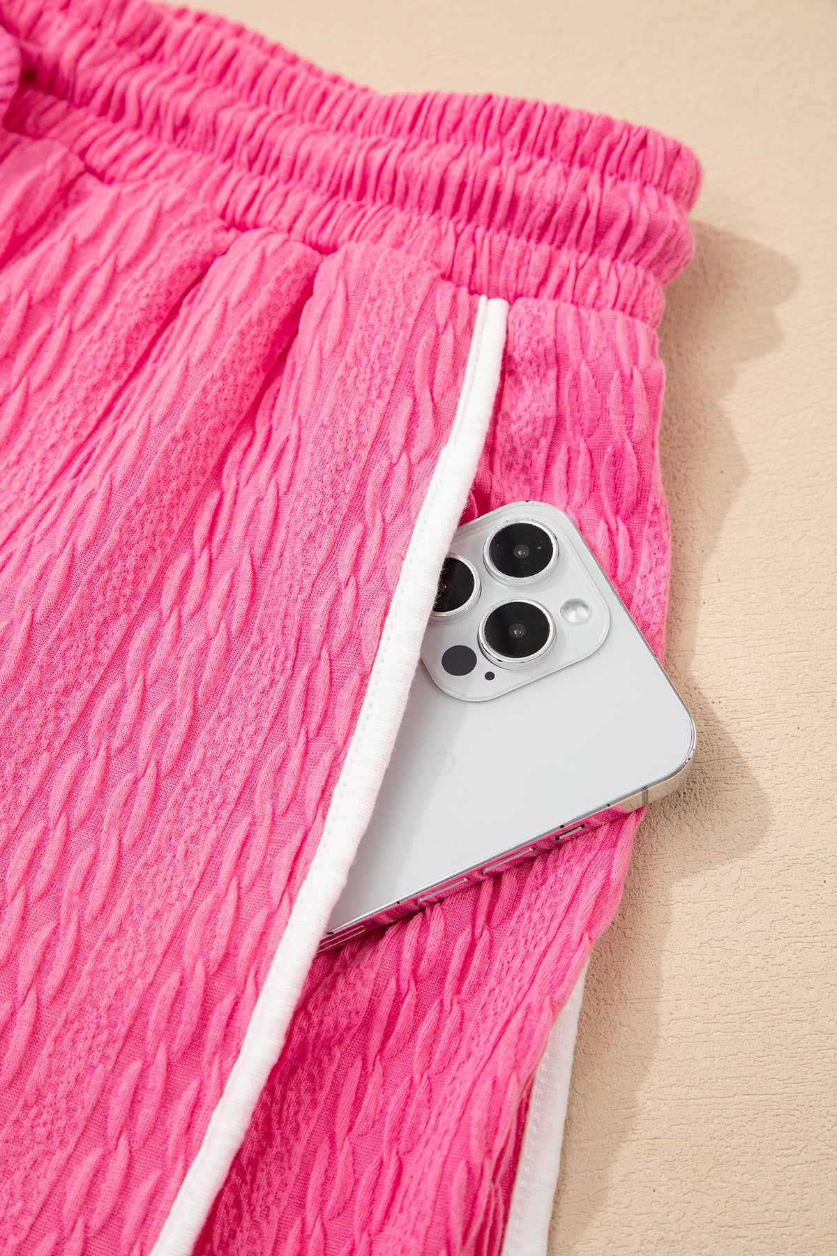 Bright pink textured color block trim loose tee and drawstring shorts two-piece set by Dear-Lover Dropshipping, casual summer outfit.
