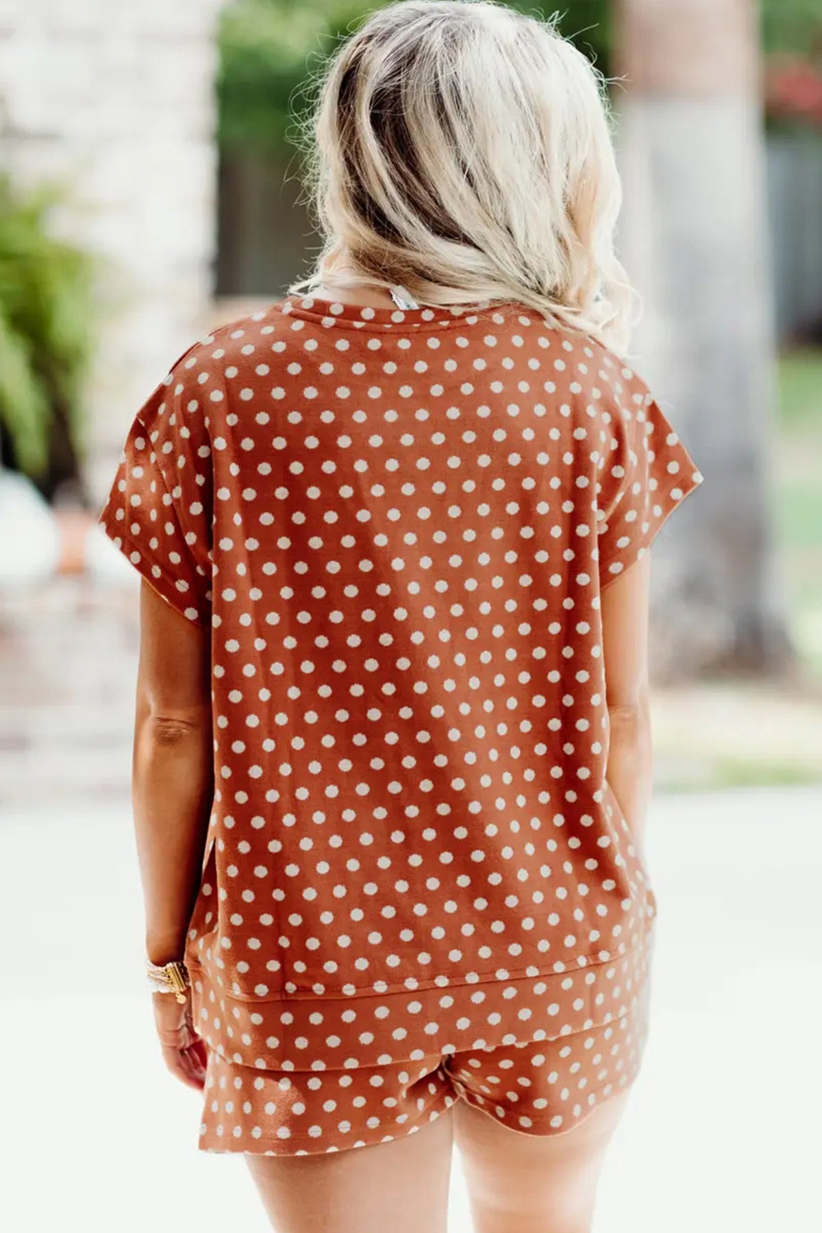 Brown polka dot print short set by Dear-Lover, two-piece summer outfit with polyester and elastane fabric, casual and stylish.