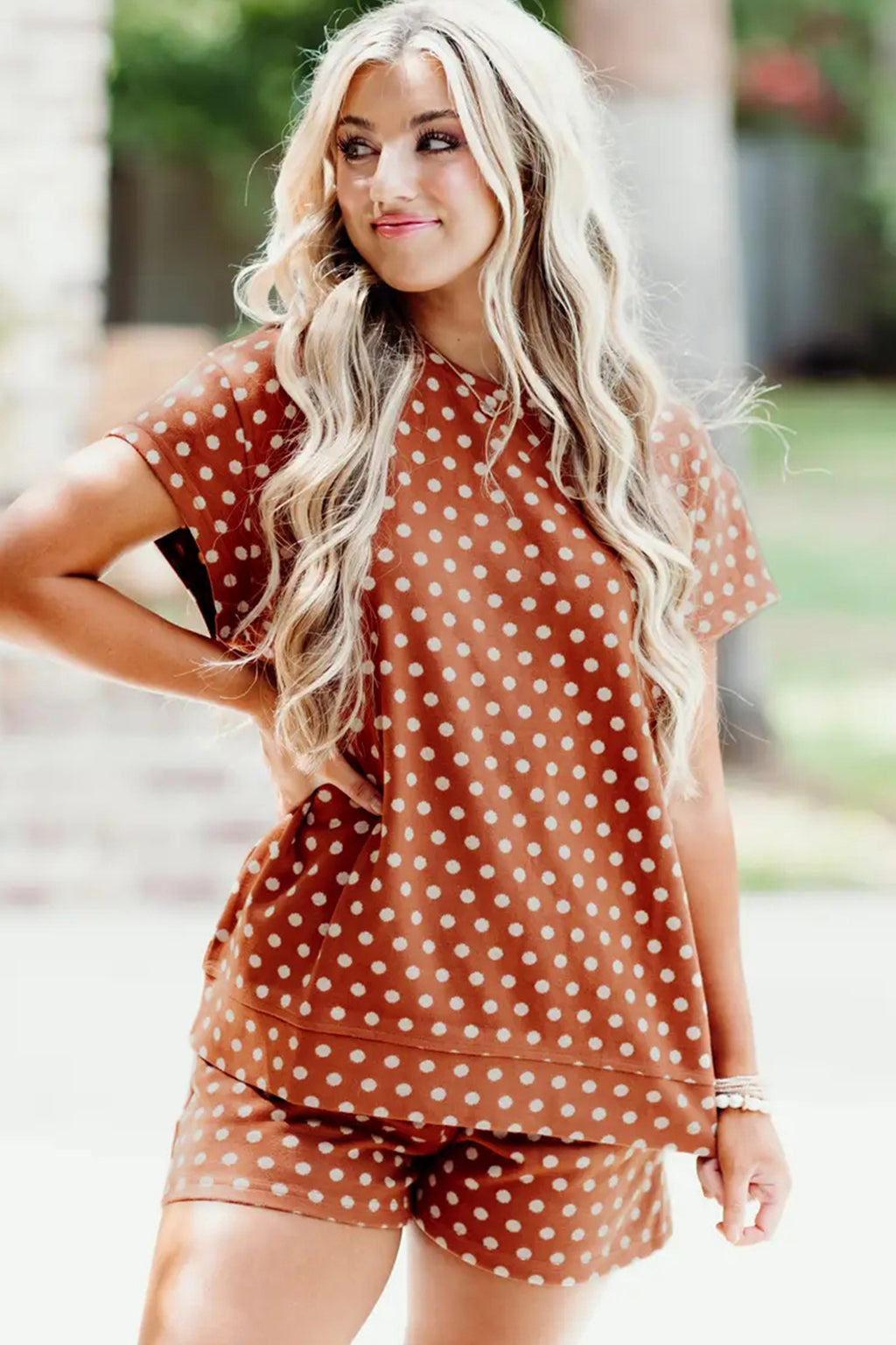 Brown polka dot print two-piece short set by Dear-Lover, featuring lightweight polyester and elastane fabric, casual summer style.