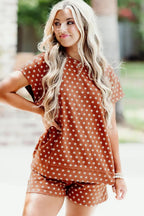 Brown polka dot print two-piece short set by Dear-Lover, featuring lightweight polyester and elastane fabric, casual summer style.