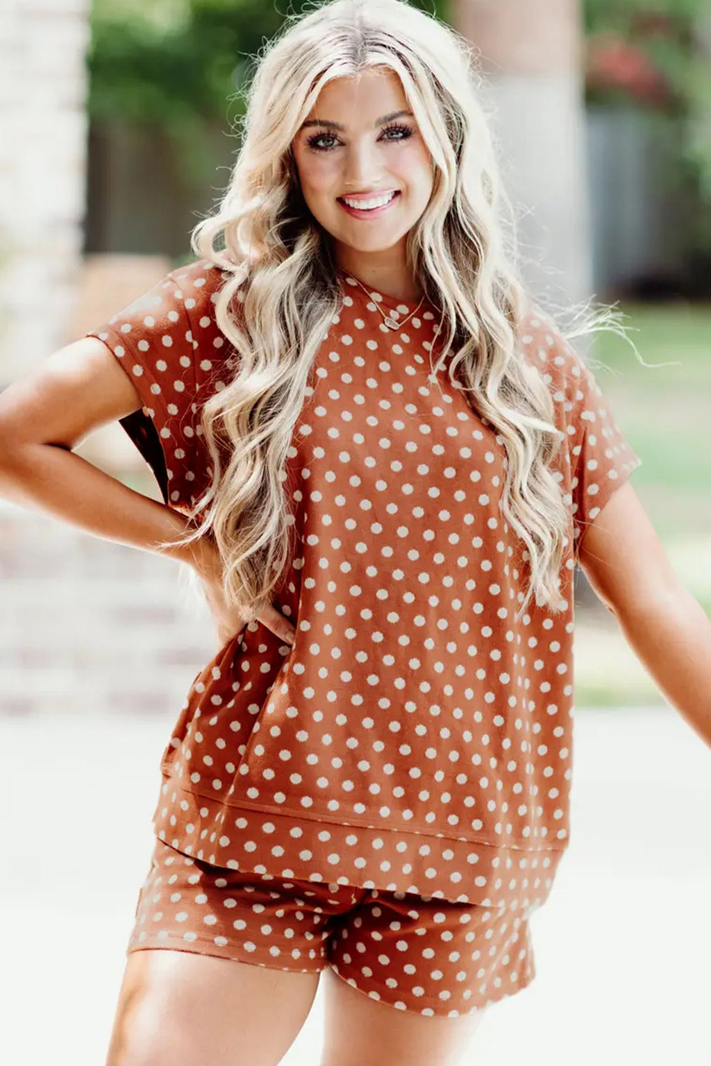 Brown polka dot print short set by Dear-Lover, two-piece summer outfit with polyester and elastane fabric, casual and stylish.