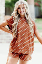 Brown polka dot print short set by Dear-Lover, two-piece summer outfit with polyester and elastane fabric, casual and stylish.