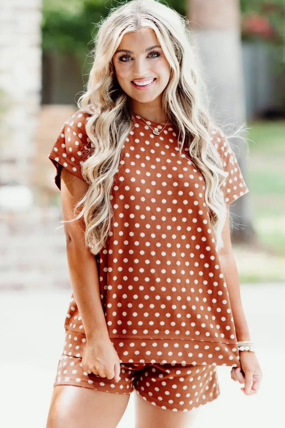 Brown polka dot print two-piece short set from Dear-Lover Dropshipping, featuring a comfortable polyester and elastane fabric.