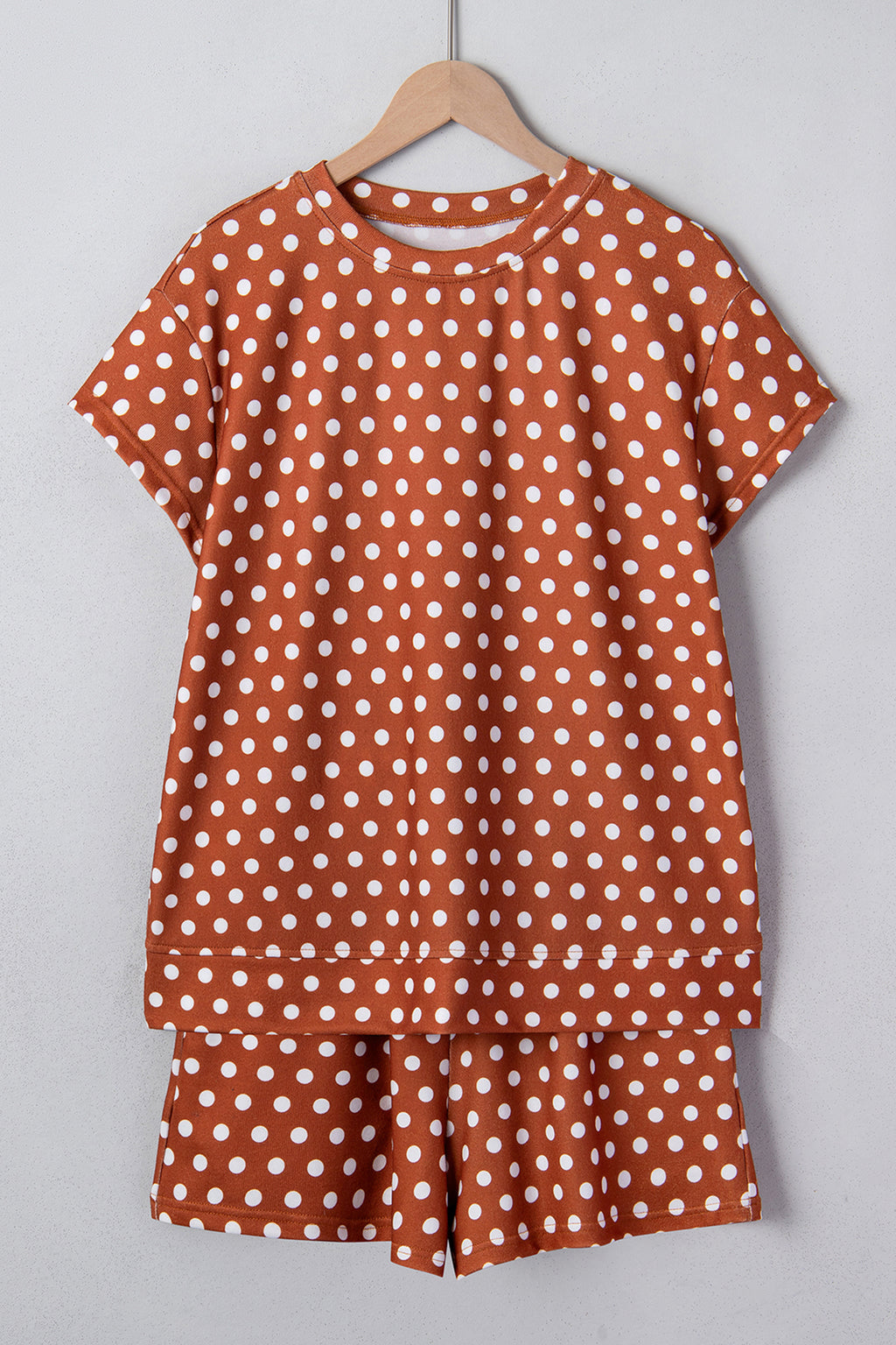 Brown polka dot print short set by Dear-Lover, two-piece polyester and elastane summer outfit with a casual, stylish look.