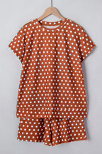 Brown polka dot print short set by Dear-Lover, two-piece polyester and elastane summer outfit with a casual, stylish look.