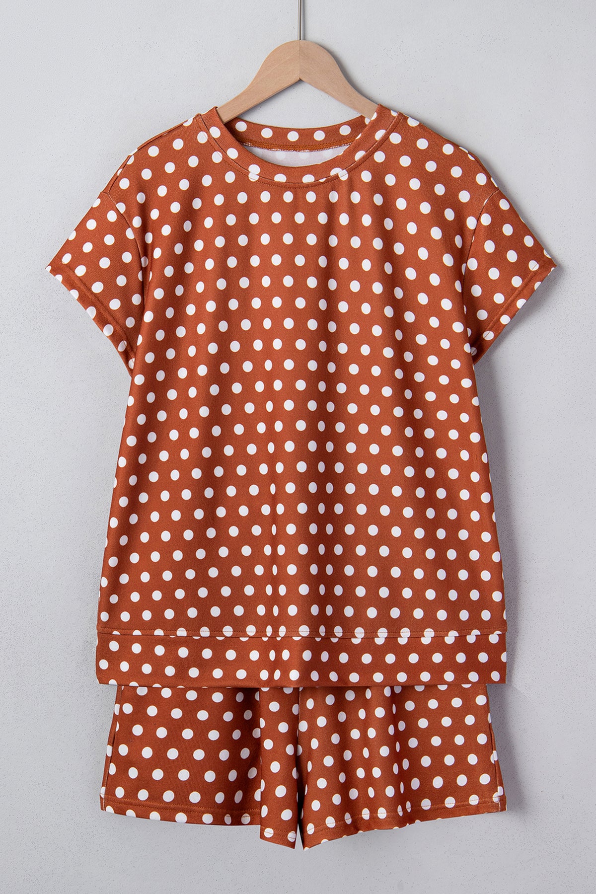 Brown polka dot print short set by Dear-Lover, two-piece polyester and elastane summer outfit with a casual, stylish look.