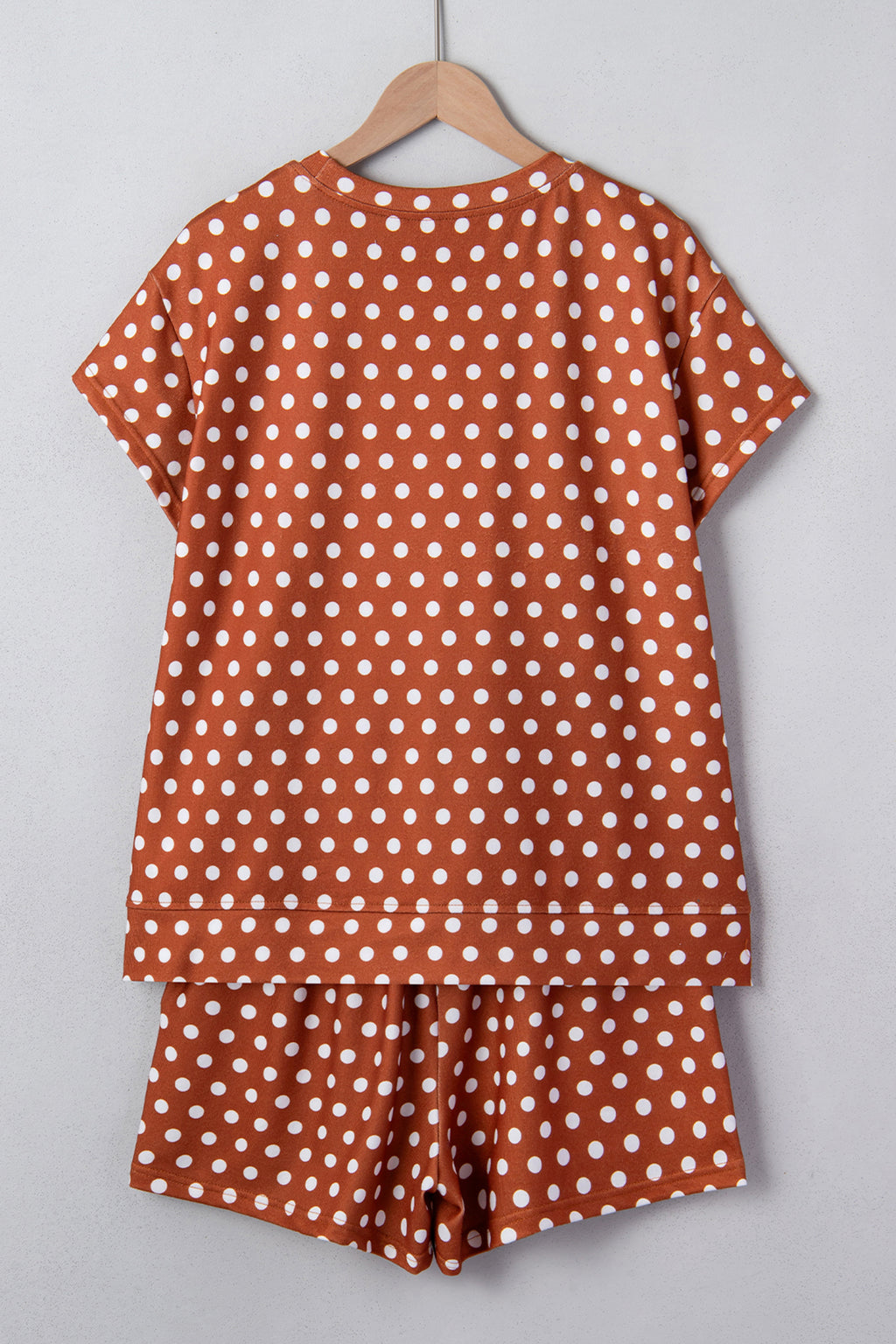 Brown polka dot print short set from Dear-Lover, two-piece summer outfit with polyester and elastane fabric, casual and stylish.