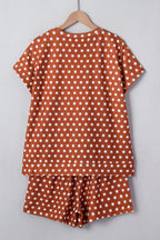 Brown polka dot print short set from Dear-Lover, two-piece summer outfit with polyester and elastane fabric, casual and stylish.