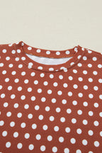 Brown polka dot print short set by Dear-Lover, two-piece summer outfit with polyester and elastane fabric, casual and stylish.
