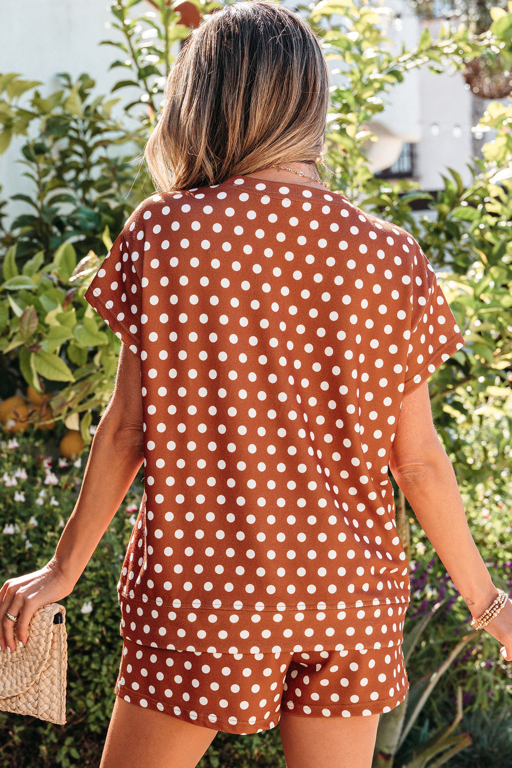 Brown polka dot print short set by Dear-Lover, two-piece summer outfit made of polyester and elastane, casual and stylish.