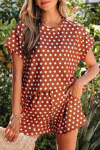 Brown polka dot print short set by Dear-Lover, two-piece polyester and elastane casual outfit with matching top and shorts.