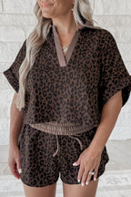 Brown leopard print V-neck collar two-piece short set for women, made of polyester and elastane, by Dear-Lover.