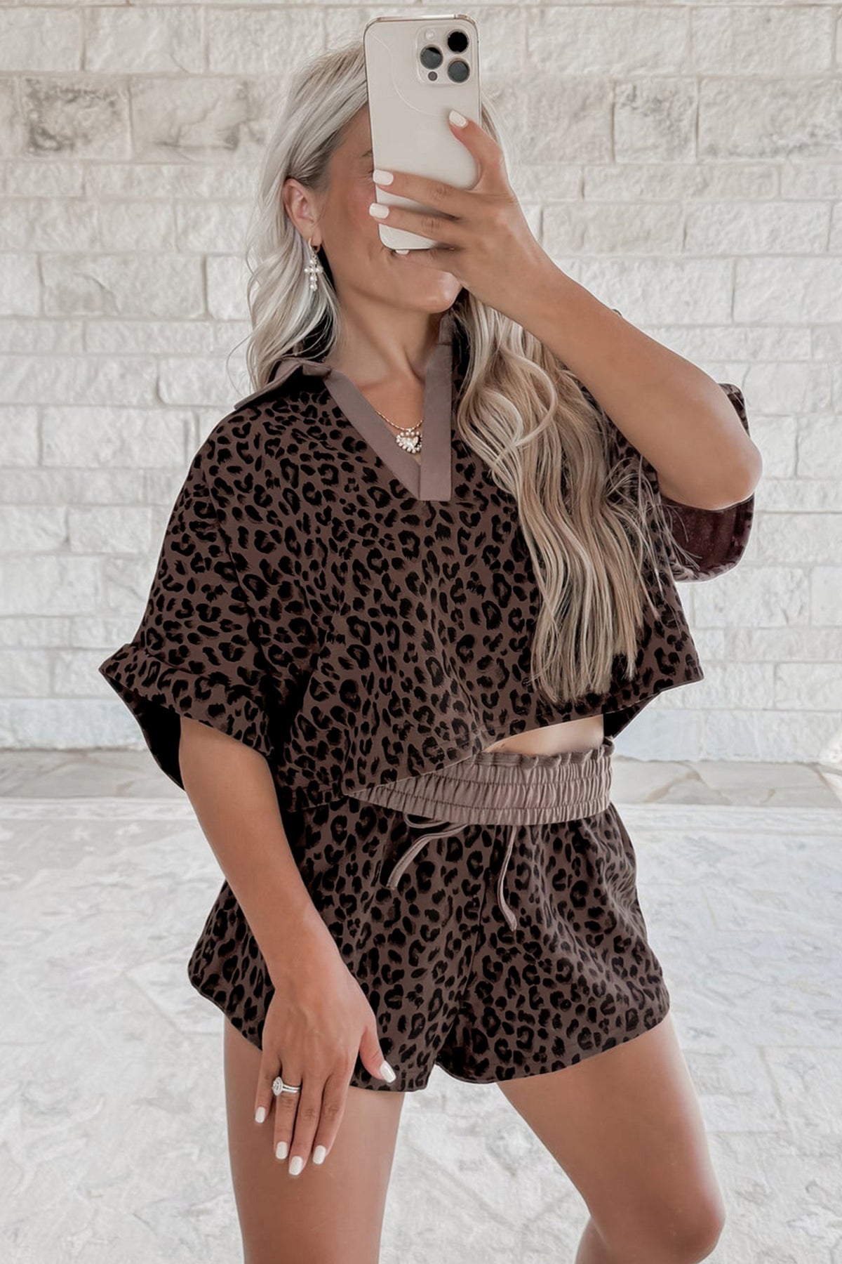 Brown V-neck collar leopard print two-piece short set from Dear-Lover, made of polyester and elastane, casual and stylish.
