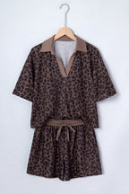 Brown leopard print two-piece short set with V-neck collar, made of polyester and elastane, from Dear-Lover.