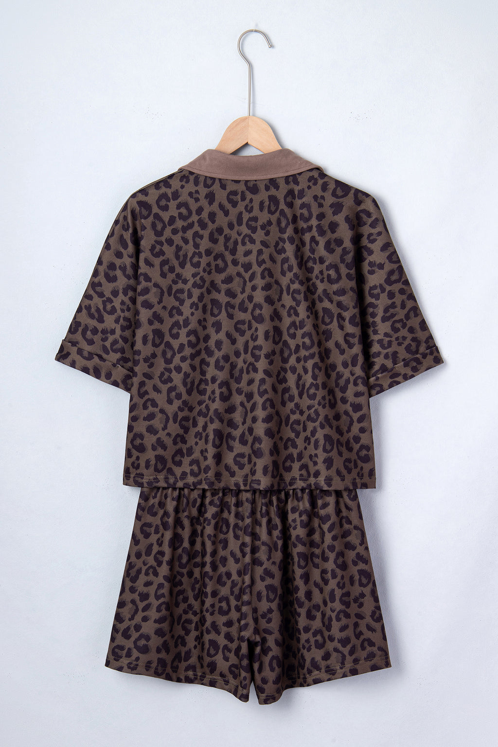 Brown leopard print V-neck collar two-piece short set for women, made from polyester and elastane, stylish and comfortable.