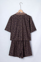 Brown leopard print V-neck collar two-piece short set for women, made from polyester and elastane, stylish and comfortable.