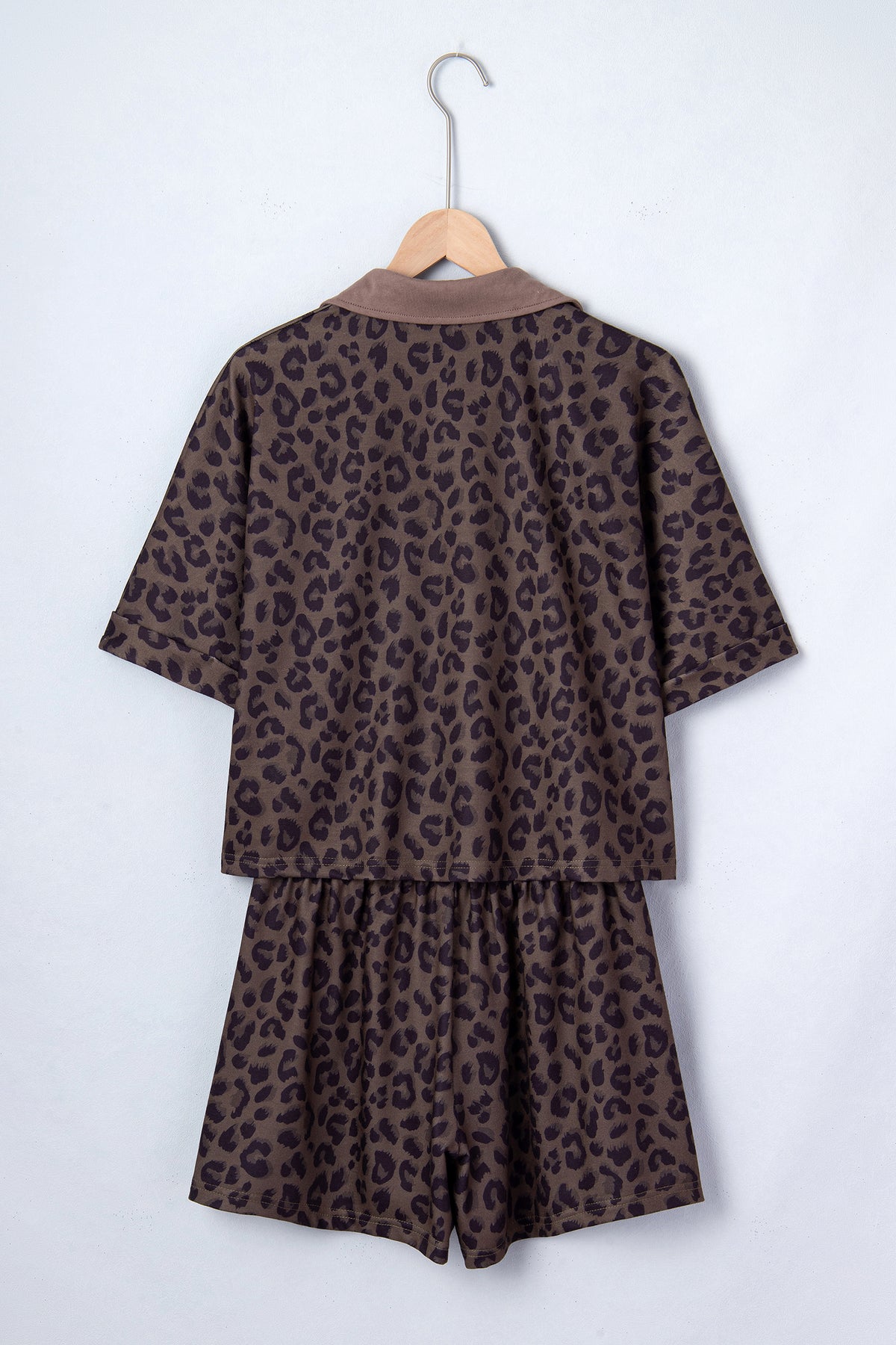 Brown leopard print V-neck collar two-piece short set for women, made from polyester and elastane, stylish and comfortable.