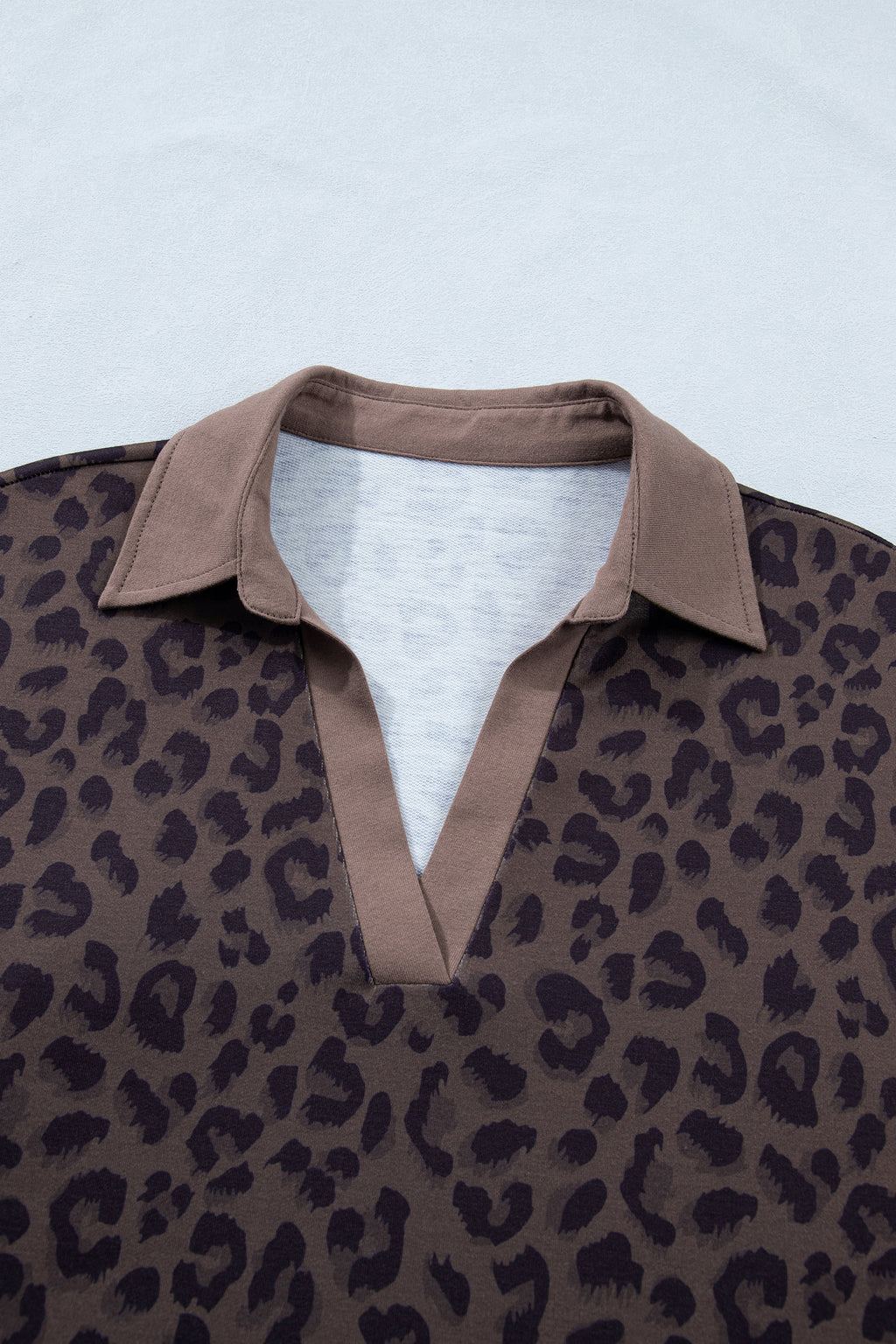 Brown leopard print V-neck collar two-piece short set by Dear-Lover, includes top and shorts made of polyester and elastane.
