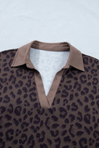Brown leopard print V-neck collar two-piece short set by Dear-Lover, includes top and shorts made of polyester and elastane.