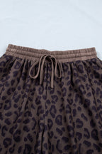 Brown leopard print V-neck collar two-piece short set from Dear-Lover with polyester and elastane fabric, casual summer outfit.