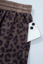 Brown V-neck collar leopard printed two-piece short set from Dear-Lover, featuring a stylish top and matching shorts.