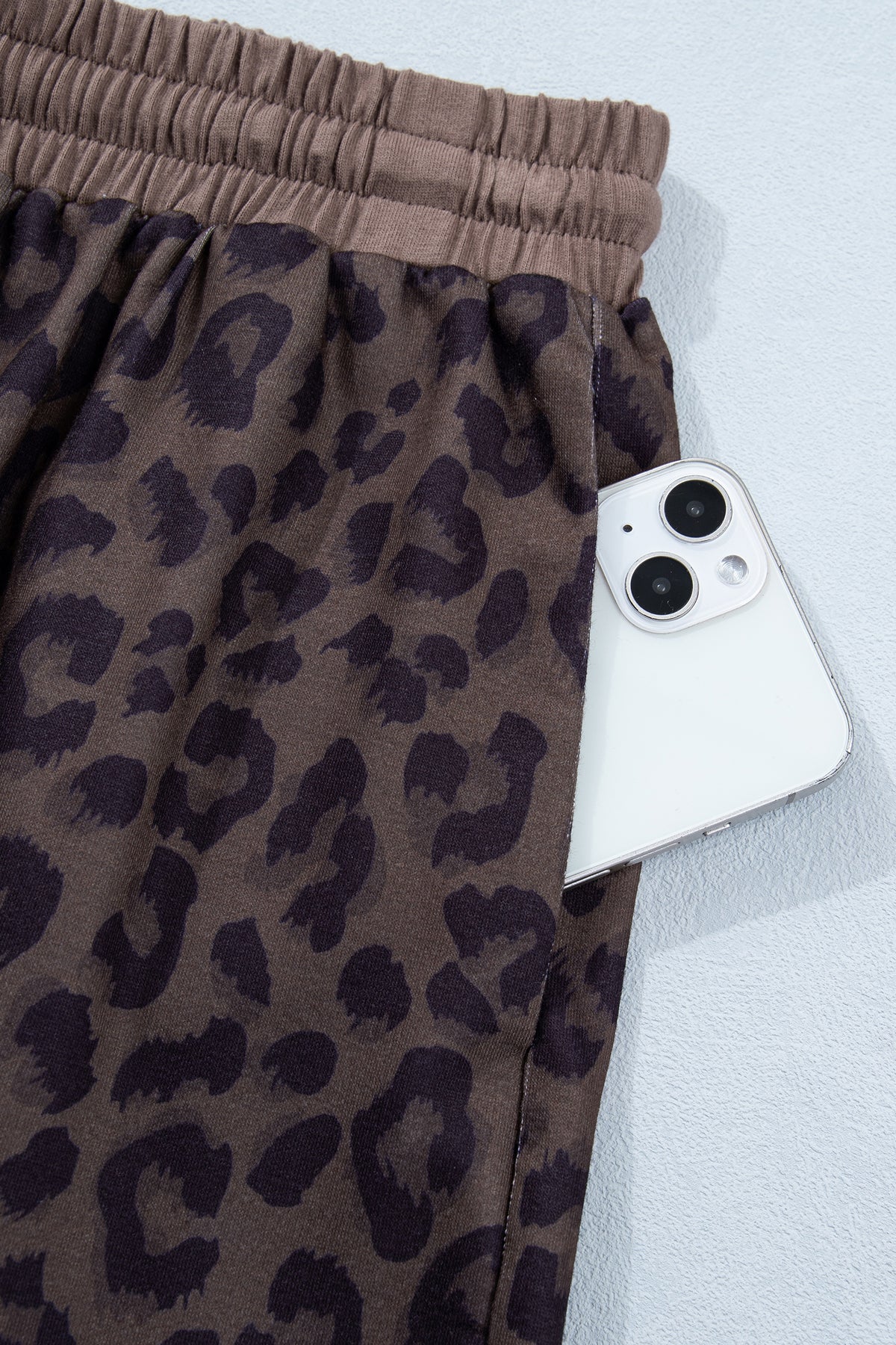 Brown V-neck collar leopard printed two-piece short set from Dear-Lover, featuring a stylish top and matching shorts.