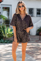 Brown leopard print two-piece short set with V-neck collar from Dear-Lover, made of polyester and elastane.