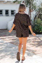Brown leopard print two-piece short set with V-neck collar, made of polyester and elastane, by Dear-Lover.