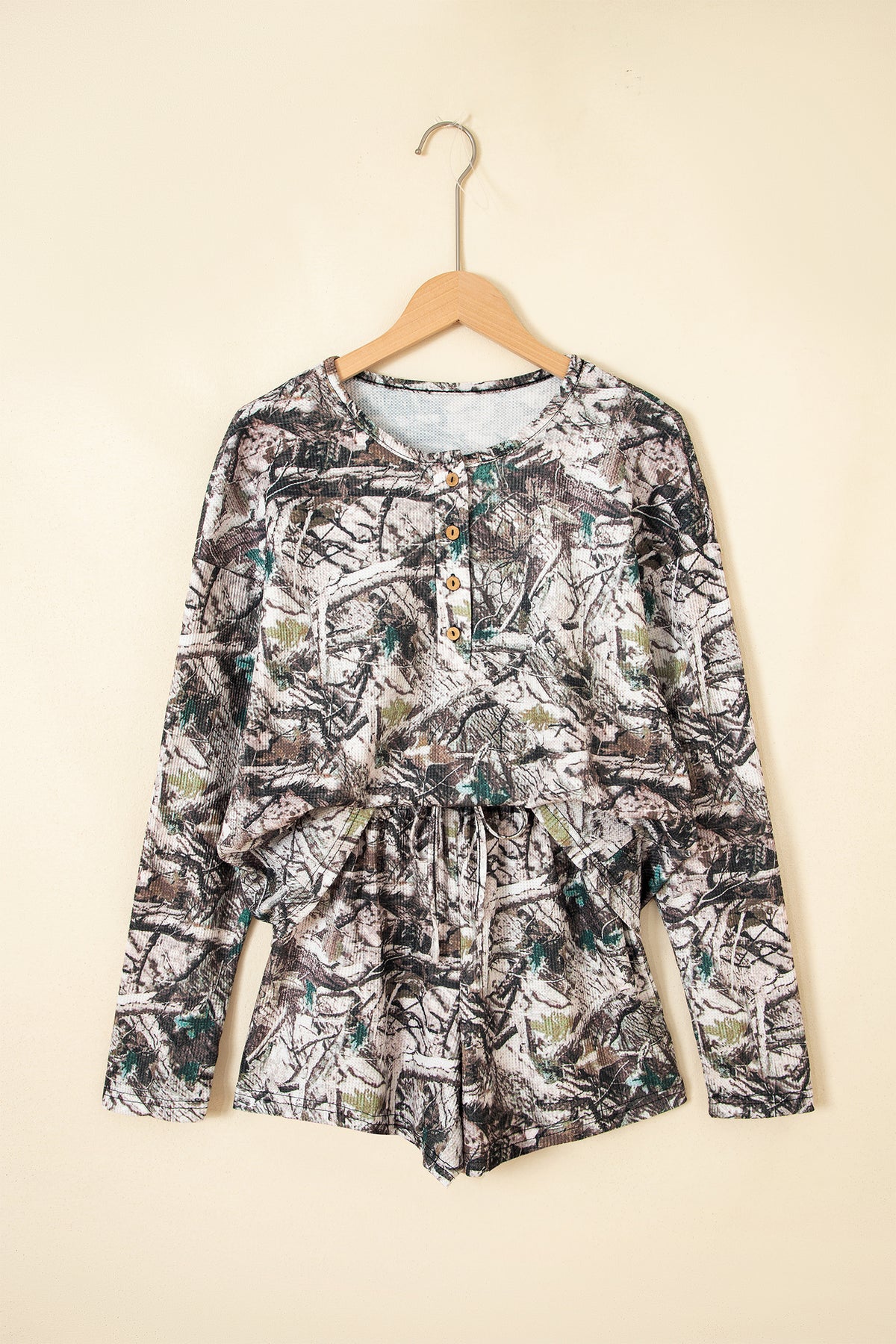 Brown camo long sleeve top and elastic waist shorts two-piece set by Dear-Lover, casual and stylish for relaxed wear.