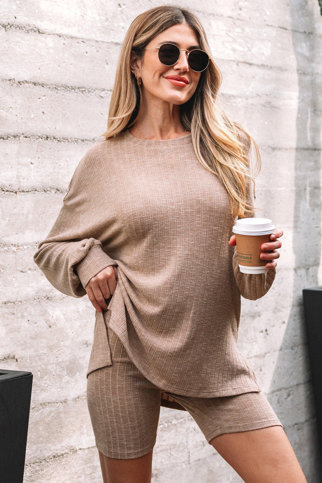Dark khaki Dear-Lover ribbed balloon sleeve pullover top and biker knitted short set, two-piece casual outfit for women.