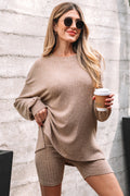 Dark khaki Dear-Lover ribbed balloon sleeve pullover top and biker knitted short set, two-piece casual outfit for women.