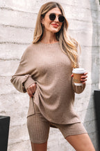Dark khaki Dear-Lover ribbed balloon sleeve pullover top and biker knitted short set, two-piece casual outfit for women.