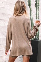 Dark khaki ribbed balloon sleeve pullover top and biker knitted short set by Dear-Lover, two-piece casual outfit for women.