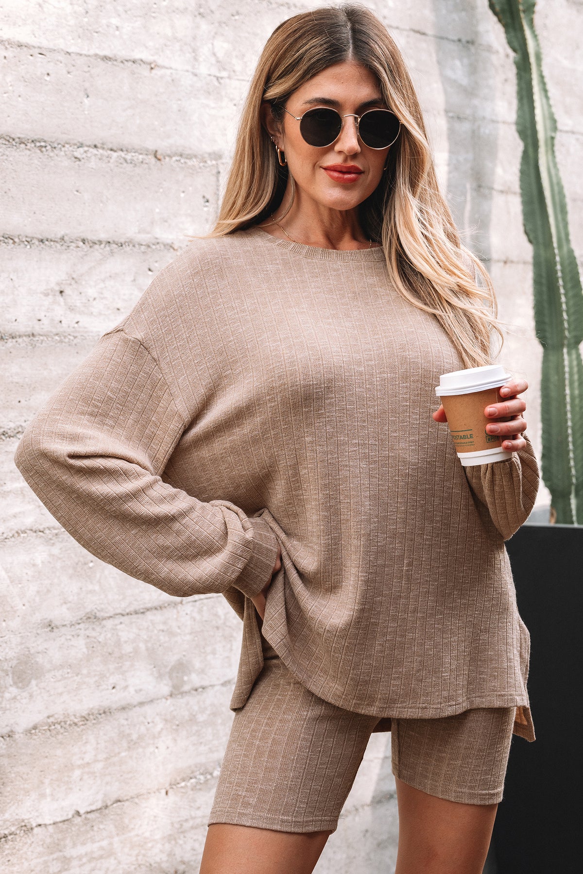 Dark khaki Dear-Lover ribbed balloon sleeve pullover top and biker knitted short set, two-piece casual outfit for women.
