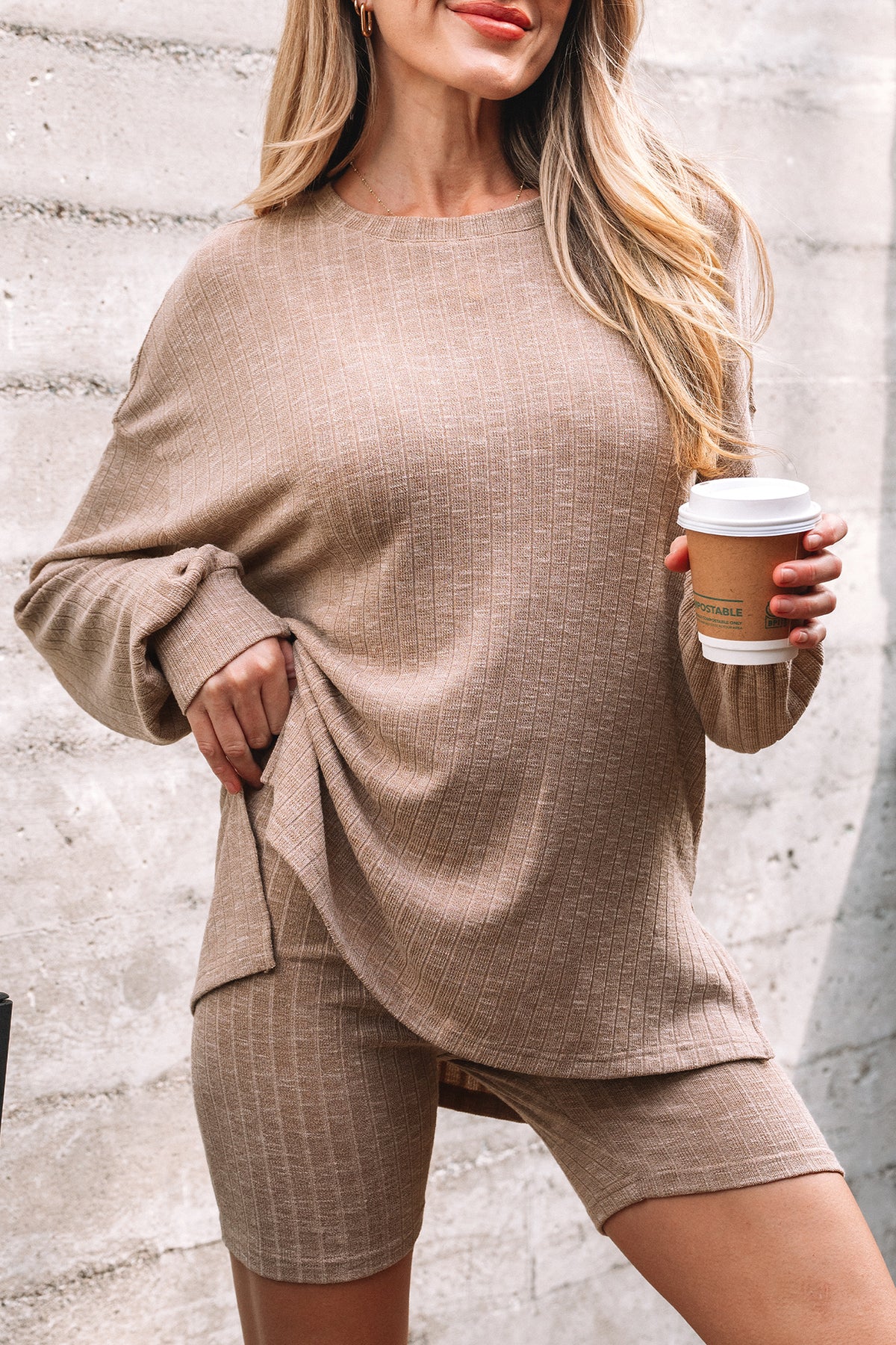 Dark khaki ribbed balloon sleeve pullover top and biker knitted short set by Dear-Lover, two-piece casual knitwear set.