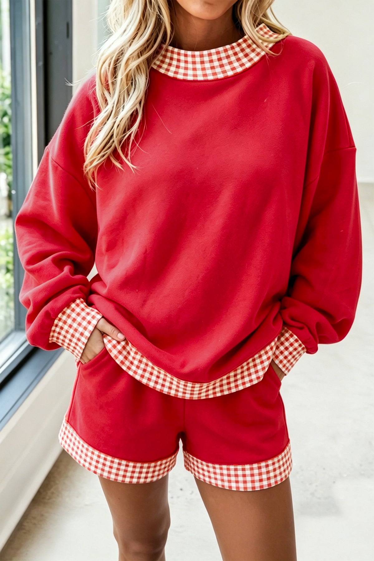 Fiery red gingham trim baggy pullover and shorts two-piece set by Dear-Lover, featuring a relaxed fit and casual style.