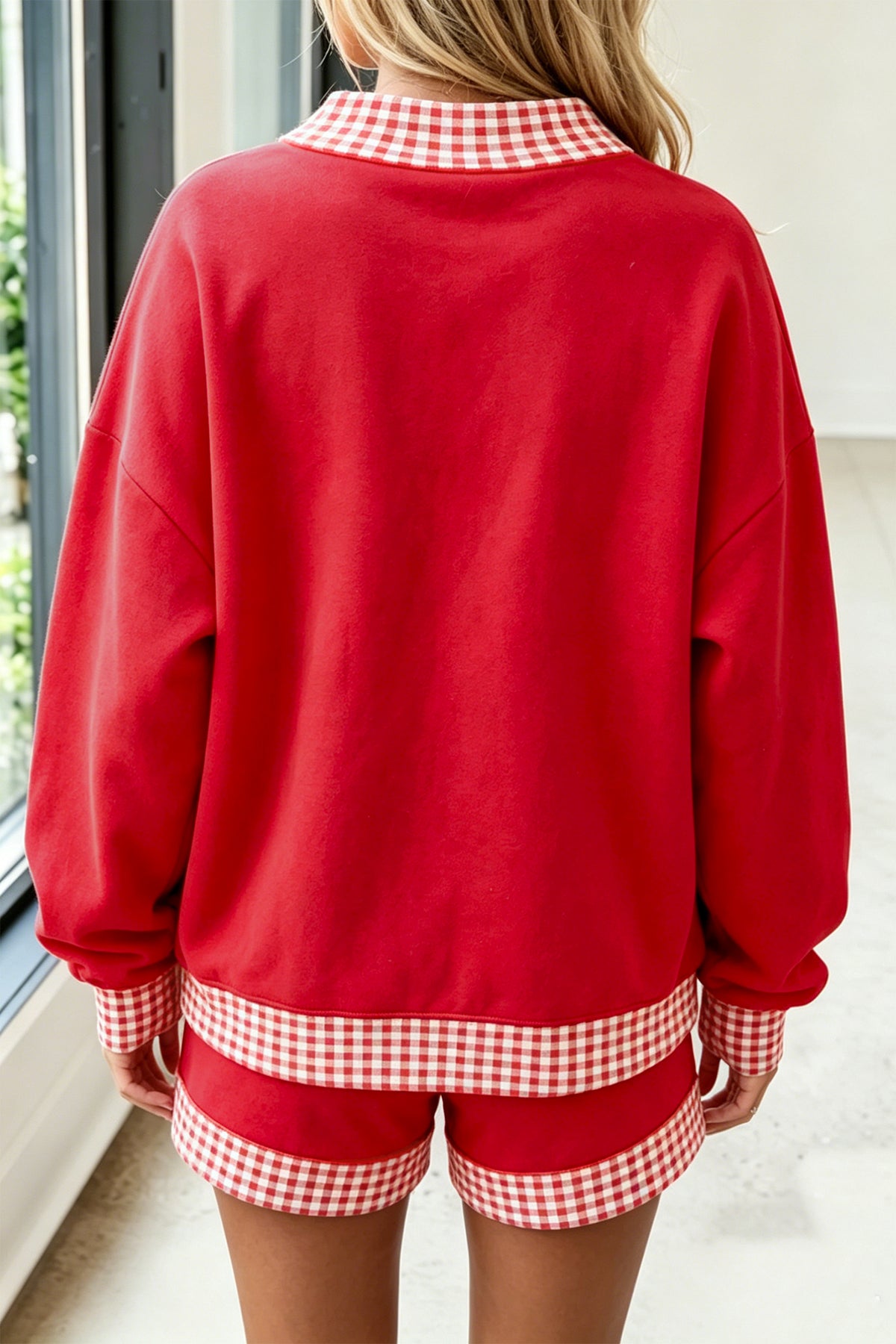 Fiery red gingham trim baggy pullover and shorts two-piece set by Dear-Lover, casual and comfortable short set for women.