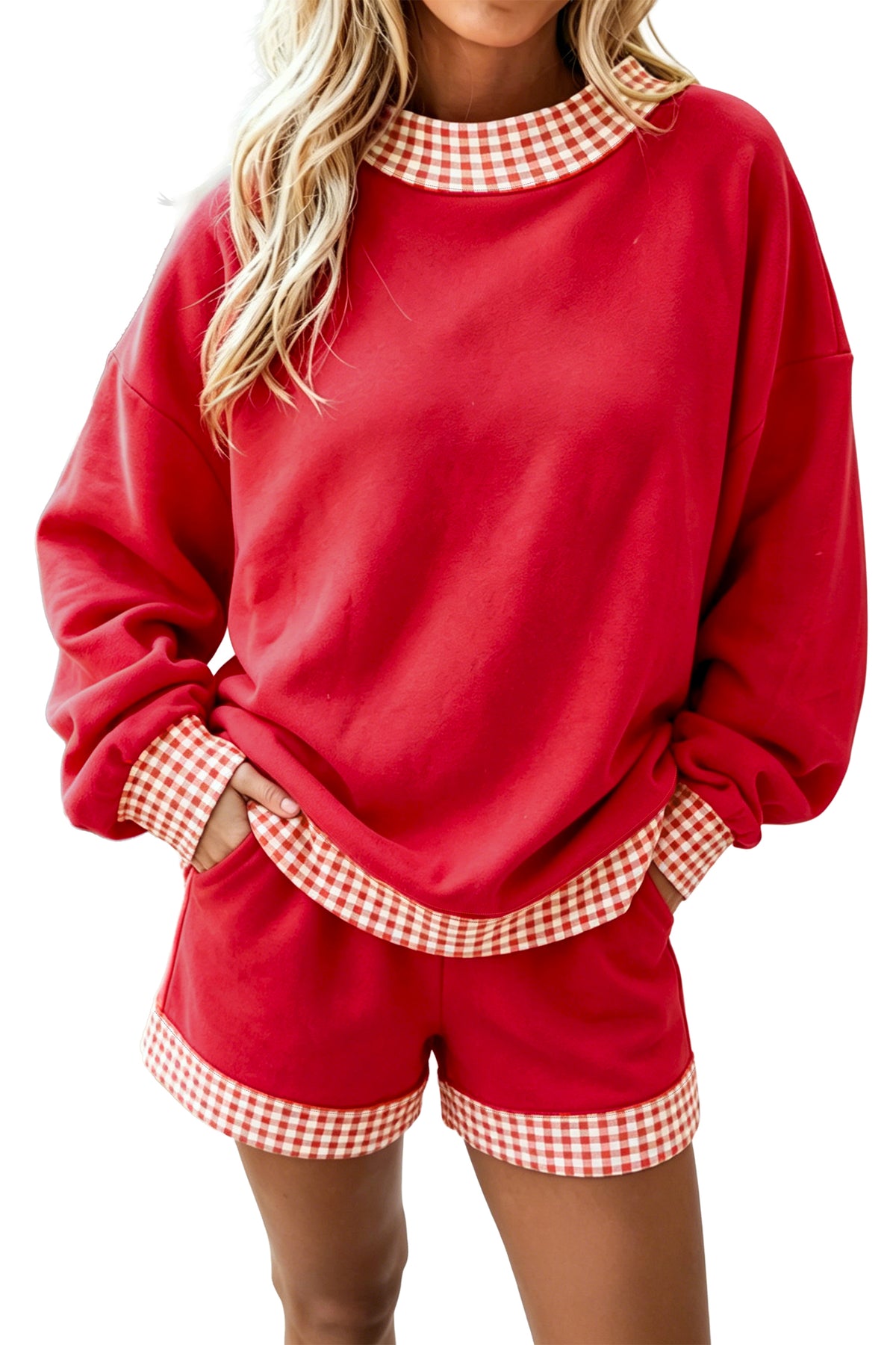 Fiery red gingham trim baggy pullover two-piece short set by Dear-Lover, featuring a relaxed fit and casual style.