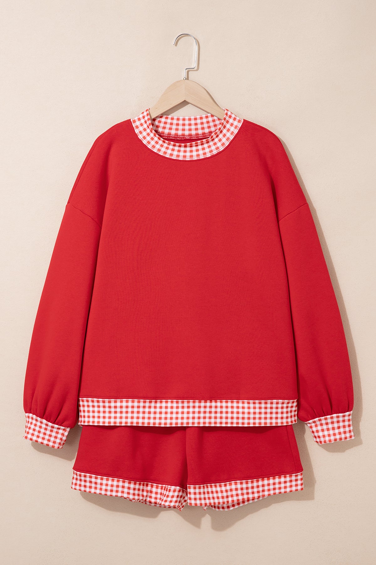 Fiery red gingham trim baggy pullover two-piece short set by Dear-Lover, featuring a casual and stylish design in polyester and cotton.