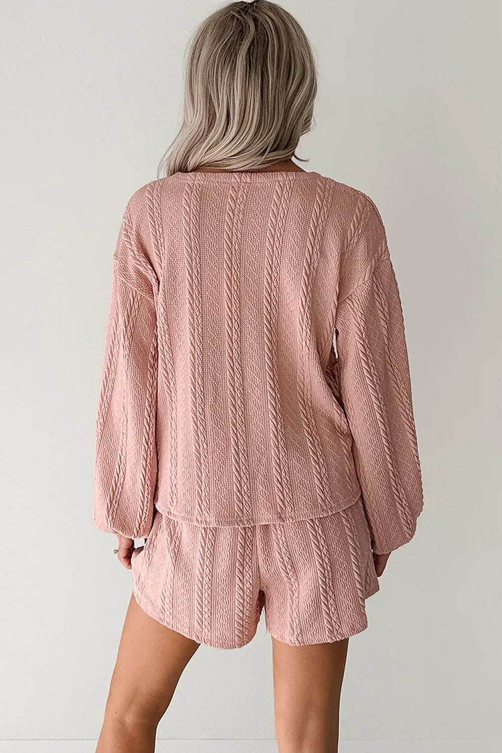 Gossamer pink cable knit V-neck cardigan and shorts set by Dear-Lover, featuring a cozy two-piece knit outfit for women.