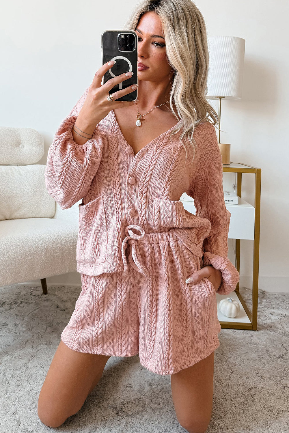 Gossamer pink cable knit V-neck cardigan and shorts set by Dear-Lover, soft polyester blend, stylish two-piece summer outfit.