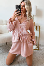 Gossamer pink cable knit V-neck cardigan and shorts set by Dear-Lover, soft polyester blend, stylish two-piece summer outfit.