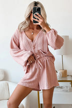 Gossamer pink cable knit V-neck cardigan and shorts set by Dear-Lover, soft polyester and elastane two-piece outfit for women.
